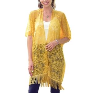 Yellow Lace Long Duster Cardigan Top, Swimsuit Cover Up. M - XXL OS